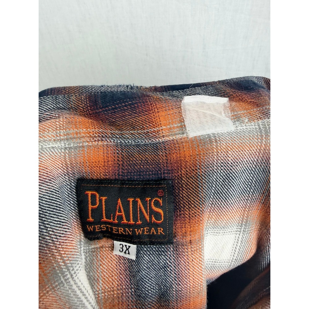 Plains Western Wear Mens 3X Pearl Snap Shirt Orange Navy Plaid Long Sleeve Yoke - Picture 13 of 13